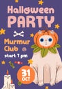 Halloween poster design for cats October party. Vertical promotion flyer template with cute funny kitty, pumpkin