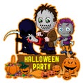 Halloween poster design with vector killer with mask, zombie, dark reaper character