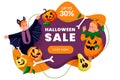 Halloween poster discount sale banner design. Kids in costumes of pumpkin and bat celebrate holiday. Vector illustration