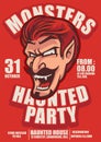 Halloween poster with dracula with a grinning fang grin and monsters haunted party custom typography on red background, haunted