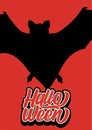 Halloween poster with flying bat silhouette and custom lettering halloween text on red background, haunted house and full moon.