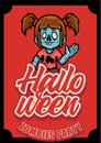 Halloween poster with funny scary zombie girl say halloween zombie party on red background , haunted house and full moon. Flayer