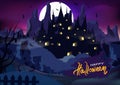 Halloween poster, ghost castle palace fantasy vintage grunge brush night scene horror design abstract background vector Royalty Free Stock Photo
