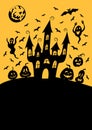 Halloween poster, greeting card template: spooky haunted house on the hill, bats, pumpkin jack lanterns, moon Royalty Free Stock Photo