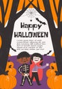 Halloween poster, greeting or post card, banner, background. Dark forest, dry trees, buts, big moon, spider, pumpkin and