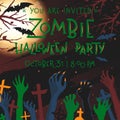 Halloween poster with grunge background,zombie hands,dead trees,full moon and bats Royalty Free Stock Photo