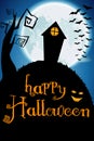 Halloween poster. House on the hill at night Royalty Free Stock Photo