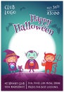 Halloween poster with kids in costumes of witch, vampire and devil for Happy Halloween party. On dark blue background