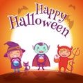 Halloween poster with kids in costumes of witch, vampire and devil for Happy Halloween party. On jrange background with full moon.