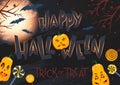 Halloween poster with lettering,grunge background,pumpkins,bats and sweets Royalty Free Stock Photo