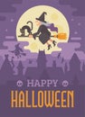 Halloween Poster With Old Witch Flying On A Broom With A Cat