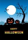 Halloween poster with pumpkins, ghosts, black cat, gloomy graveyard landscape. Festive postcard. Vector illustration.