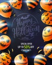 Halloween poster with Scary air balloons on black background.Party Invitation Concept in Traditional Colors.Website spooky,