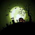 Halloween poster with scary cemetery and pumpkins template