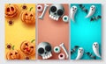Halloween poster set vector design. Halloween background collection with cute, creepy and scary mascot character elements Royalty Free Stock Photo