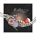 Halloween poster. Vector hand drawn human arm bones, candies. Sweet lollipop, candy cane, dessert. Body parts, bones Royalty Free Stock Photo