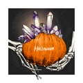 Halloween poster. Vector hand drawn human arm bones, pumpkin, crystal crown. Mineral amethyst or quartz stone. Body