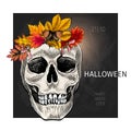 Halloween poster. Vector hand drawn human skull wearing tree leaf crown. Oak, maple, chestnut, acorn. Body parts, bones