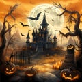 Halloween poster with wizard castle and pumpkins, with bats flying over the castle, watercolor painted