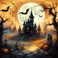 Halloween poster with wizard castle and pumpkins, with bats flying over the castle, watercolor painted