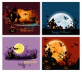 Halloween posters with a moon, haunted house, cemetery, pumpkins and a flying witch Royalty Free Stock Photo