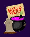 Halloween. Pot with magical potion and hand of zombie. grave and