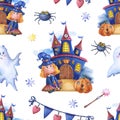Halloween print with castle, witch, ghosts, spiders, flags and stars. Royalty Free Stock Photo