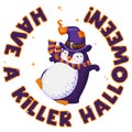 Halloween print with cute vector jumping penguin. Have a killer Halloween text. Funny bird in a witch hat. All elements