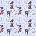 Halloween print. Watercolor seamless pattern with witch is flying on a broom Royalty Free Stock Photo