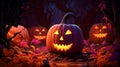 Halloween pumkins jack o\'lantern in the forest, happy halloween concept 3d illustration. Generative AI