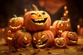 Halloween pumkins laughing, jack o\'lantern in the forest, happy halloween 3d illustration. Generative AI