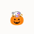 Halloween. Pumpkin Basket with candies. Candy and sweet basket. Vector