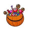 Halloween Pumpkin Basket with Candies in cartoon style. Hand drawn vector.