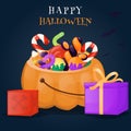 Halloween Pumpkin Basket Full Of Candies And Sweets Background Illustration.