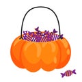 Halloween pumpkin basket full of candies vector cartoon. Treat jar for kids. Royalty Free Stock Photo