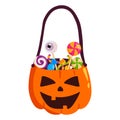 Halloween pumpkin basket full of candies on white background. Vector elements Royalty Free Stock Photo