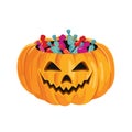 Halloween pumpkin basket with sweets and candies isolated on white background.