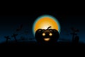 Halloween pumpkin and bat fly in cemetery on blue Moon background, illustration Royalty Free Stock Photo