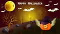 Halloween pumpkin, bats and trees on full Moon background ,Happy Halloween message design illustration