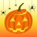 Halloween pumpkin and black spiders on the web Royalty Free Stock Photo