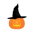 Halloween pumpkin with black witches hat.