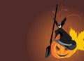 Halloween pumpkin with broom and bat. Banner Royalty Free Stock Photo