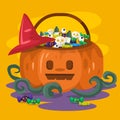 Halloween pumpkin bucket with candies and cookies inside. Happy halloween. Background, card, poster vector illustration Royalty Free Stock Photo