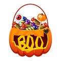 Halloween Pumpkin bucket with candies. Pumpkin Bag with lollipops, sweets, candy. Trick or treat Basket with text BOO Royalty Free Stock Photo