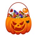 Halloween Pumpkin bucket of with candies. Spooky face Pumpkin Bag with lollipops, sweets, candy. Trick or treat Basket Royalty Free Stock Photo
