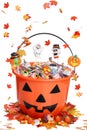 Halloween pumpkin bucket with candy fall leaves