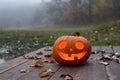 Halloween pumpkin burning in forest in dusk