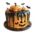 Halloween Pumpkin Cake with Black Icing and Bats Royalty Free Stock Photo
