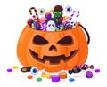 Halloween pumpkin with candies. Cartoon sweets pumpkin basket, lollipops, jelly treats and candy cane vector Royalty Free Stock Photo