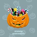 Halloween pumpkin with candies. Scary basket with caramel and lollipop. Greeting card in cartoon style Royalty Free Stock Photo